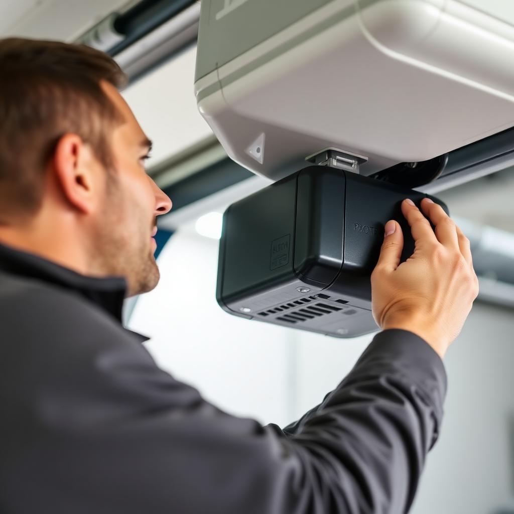Experienced garage door technician adjusting opener motor - Garage Door Manteo team