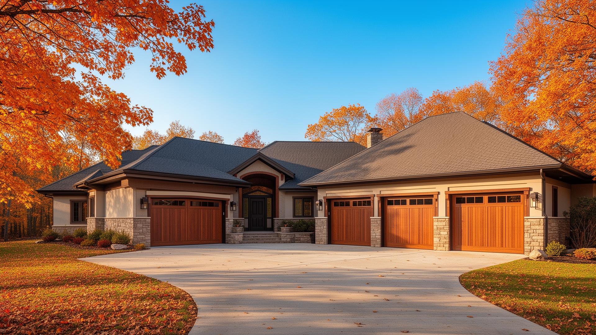 Premium insulated steel garage doors with wood overlay on ranch style home in autumn setting